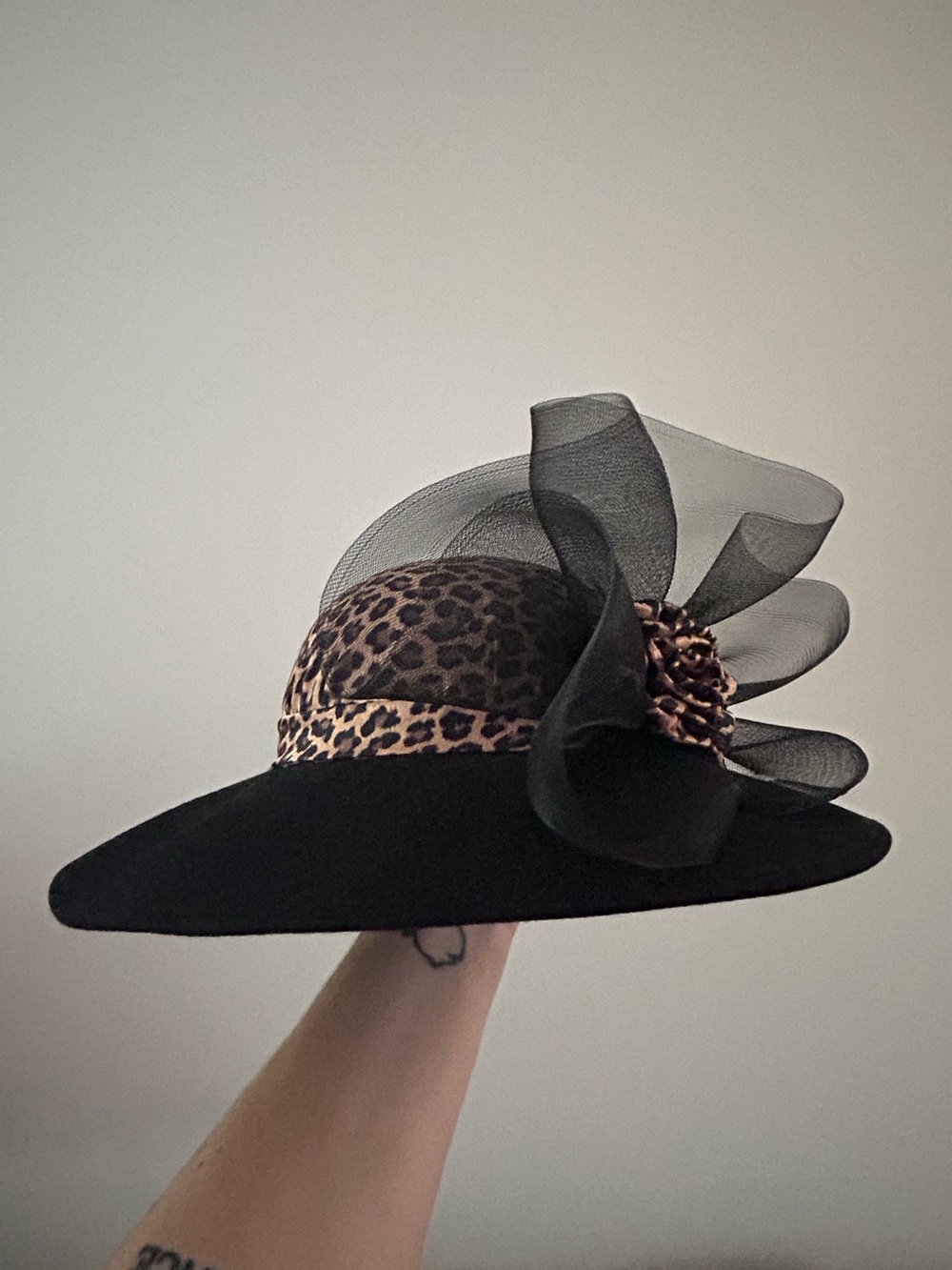 Black Wide-Brim Tea/Church Hat with Leopard Accent